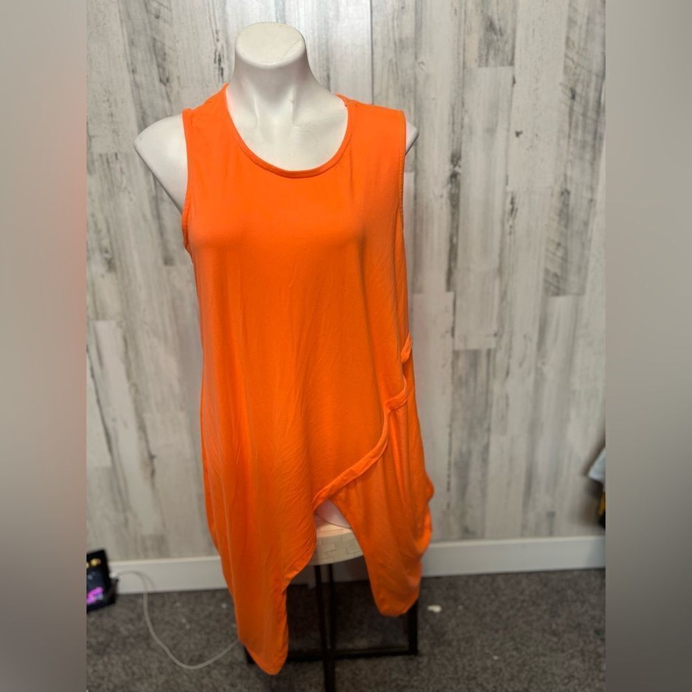 Rouge Collection Neon Orange Asymmetrical Sleeveless Tunic Top 1X
